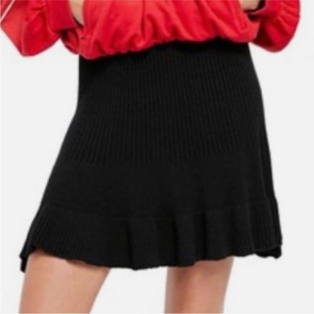 Free People Black Solid Gold Ruffle Classic Ribbed Mini Sweater Skirt NWT Size M